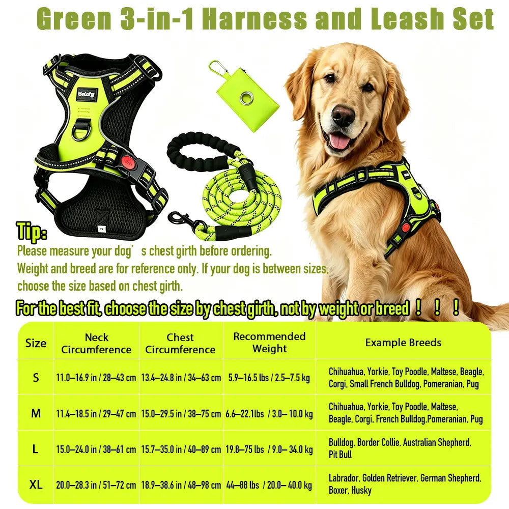 HELETY 3-in-1 Adjustable No-Pull Dog Vest Harness and Leash Set, Available in S-XL, Dual D-Ring Clips, 360° Reflective Design, Padded Chest for Comfort, Durable Oxford Fabric, Night Safety Features, Integrated Poop Bag Holder, Tangle-Free Bungee Strap for Running