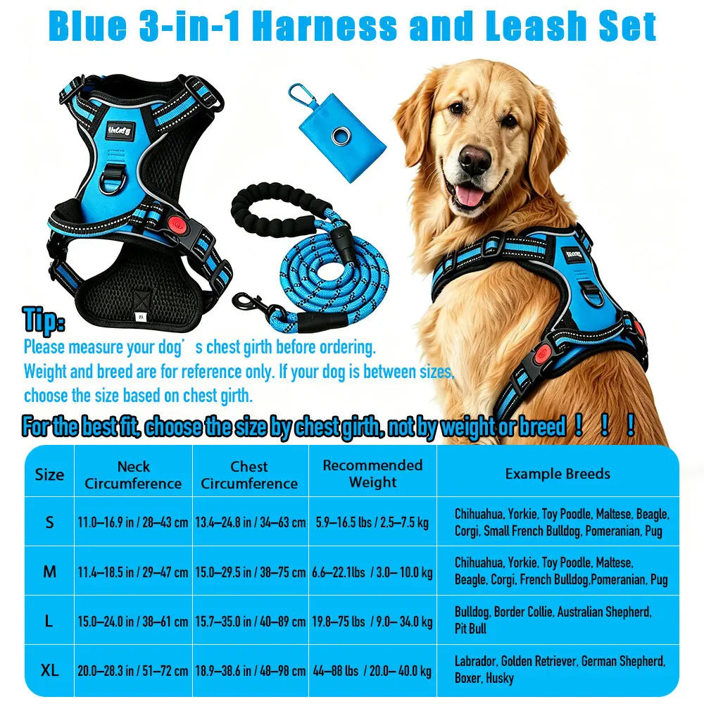 HELETY 3-in-1 Adjustable No-Pull Dog Vest Harness and Leash Set, Available in S-XL, Dual D-Ring Clips, 360° Reflective Design, Padded Chest for Comfort, Durable Oxford Fabric, Night Safety Features, Integrated Poop Bag Holder, Tangle-Free Bungee Strap for Running