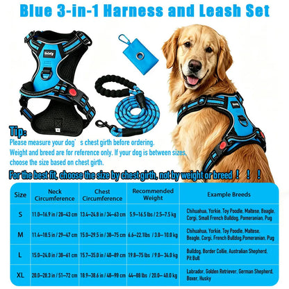 HELETY 3-in-1 Adjustable No-Pull Dog Vest Harness and Leash Set, Available in S-XL, Dual D-Ring Clips, 360° Reflective Design, Padded Chest for Comfort, Durable Oxford Fabric, Night Safety Features, Integrated Poop Bag Holder, Tangle-Free Bungee Strap for Running