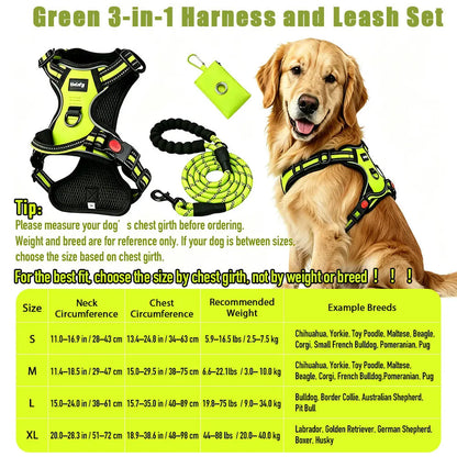 HELETY 3-in-1 Adjustable No-Pull Dog Vest Harness and Leash Set, Available in S-XL, Dual D-Ring Clips, 360° Reflective Design, Padded Chest for Comfort, Durable Oxford Fabric, Night Safety Features, Integrated Poop Bag Holder, Tangle-Free Bungee Strap for Running