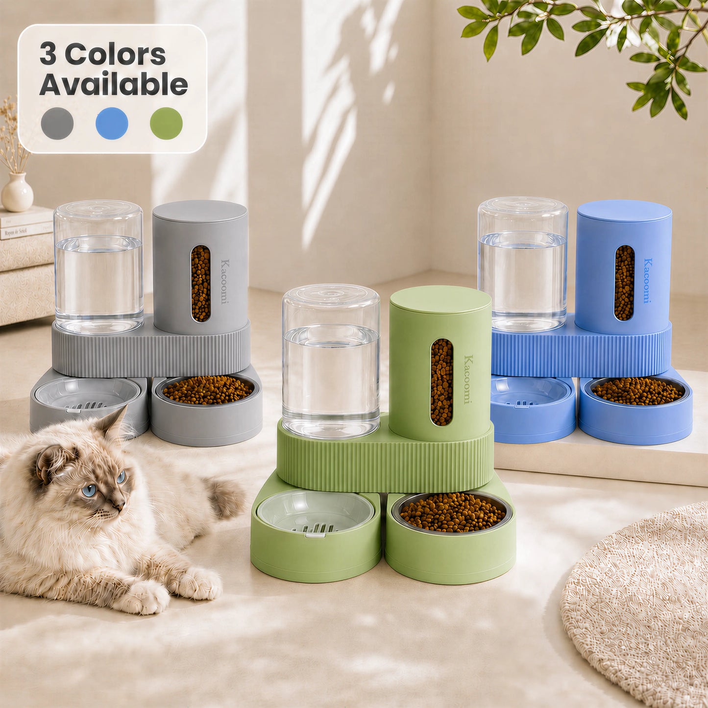 Kacoomi Dual-Pack Gravity Pet Feeders and Water Dispenser Set with Large-Capacity Stainless Steel Bowl for Small Dogs and Cats
