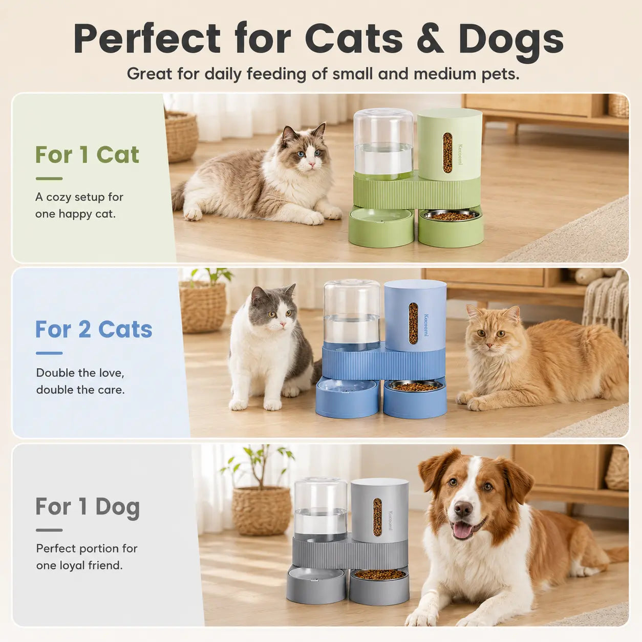 Kacoomi Dual-Pack Gravity Pet Feeders and Water Dispenser Set with Large-Capacity Stainless Steel Bowl for Small Dogs and Cats