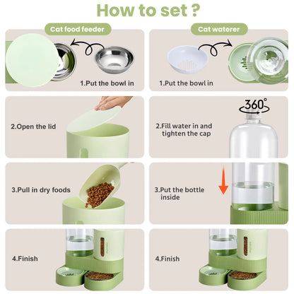 Kacoomi Dual-Pack Gravity Pet Feeders and Water Dispenser Set with Large-Capacity Stainless Steel Bowl for Small Dogs and Cats