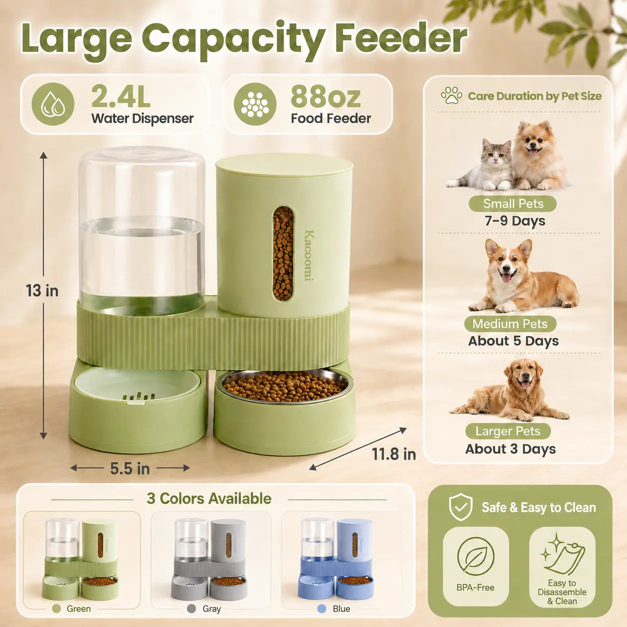 Kacoomi Dual-Pack Gravity Pet Feeders and Water Dispenser Set with Large-Capacity Stainless Steel Bowl for Small Dogs and Cats