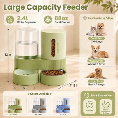 Kacoomi Dual-Pack Gravity Pet Feeders and Water Dispenser Set with Large-Capacity Stainless Steel Bowl for Small Dogs and Cats
