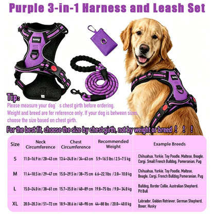 HELETY 3-in-1 Adjustable No-Pull Dog Vest Harness and Leash Set, Available in S-XL, Dual D-Ring Clips, 360° Reflective Design, Padded Chest for Comfort, Durable Oxford Fabric, Night Safety Features, Integrated Poop Bag Holder, Tangle-Free Bungee Strap for Running