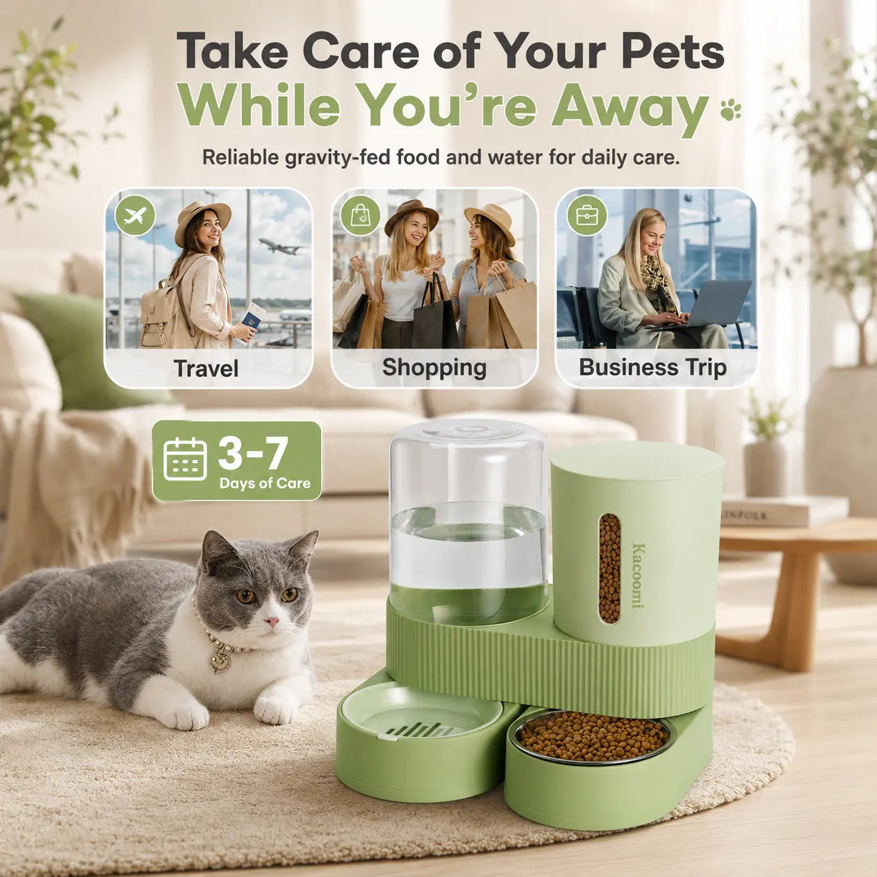 Kacoomi Dual-Pack Gravity Pet Feeders and Water Dispenser Set with Large-Capacity Stainless Steel Bowl for Small Dogs and Cats