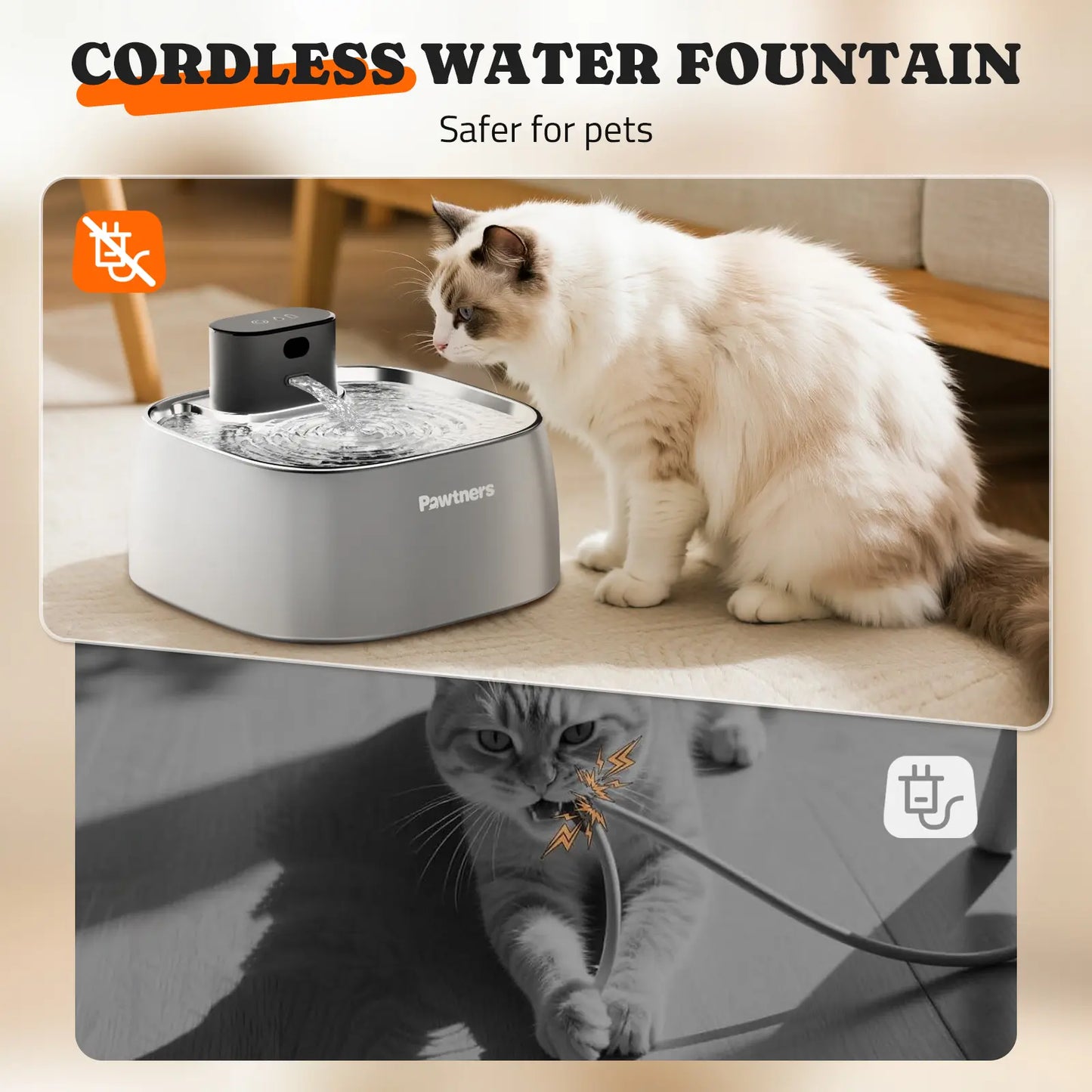 Pawtners Automatic Wireless Pet Water Fountain - 108Oz/3.2L Leakproof Stainless Steel Dispenser for Cats and Dogs, Battery-Powered with 150° Motion Sensor and Smart Indicator Light, Easy to Clean Drinking Accessory