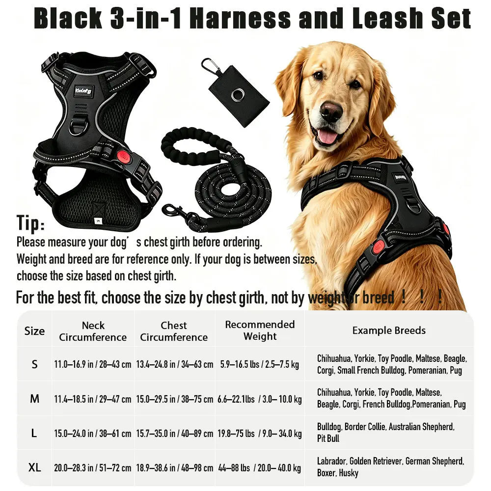HELETY 3-in-1 Adjustable No-Pull Dog Vest Harness and Leash Set, Available in S-XL, Dual D-Ring Clips, 360° Reflective Design, Padded Chest for Comfort, Durable Oxford Fabric, Night Safety Features, Integrated Poop Bag Holder, Tangle-Free Bungee Strap for Running