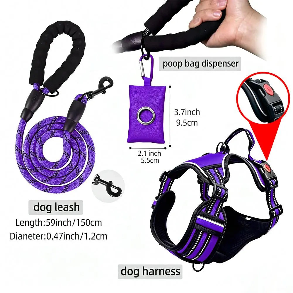 HELETY 3-in-1 Adjustable No-Pull Dog Vest Harness and Leash Set, Available in S-XL, Dual D-Ring Clips, 360° Reflective Design, Padded Chest for Comfort, Durable Oxford Fabric, Night Safety Features, Integrated Poop Bag Holder, Tangle-Free Bungee Strap for Running