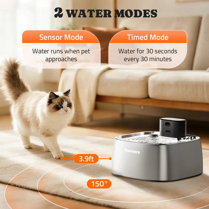 Pawtners Automatic Wireless Pet Water Fountain - 108Oz/3.2L Leakproof Stainless Steel Dispenser for Cats and Dogs, Battery-Powered with 150° Motion Sensor and Smart Indicator Light, Easy to Clean Drinking Accessory