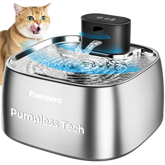Pawtners Automatic Wireless Pet Water Fountain - 108Oz/3.2L Leakproof Stainless Steel Dispenser for Cats and Dogs, Battery-Powered with 150° Motion Sensor and Smart Indicator Light, Easy to Clean Drinking Accessory