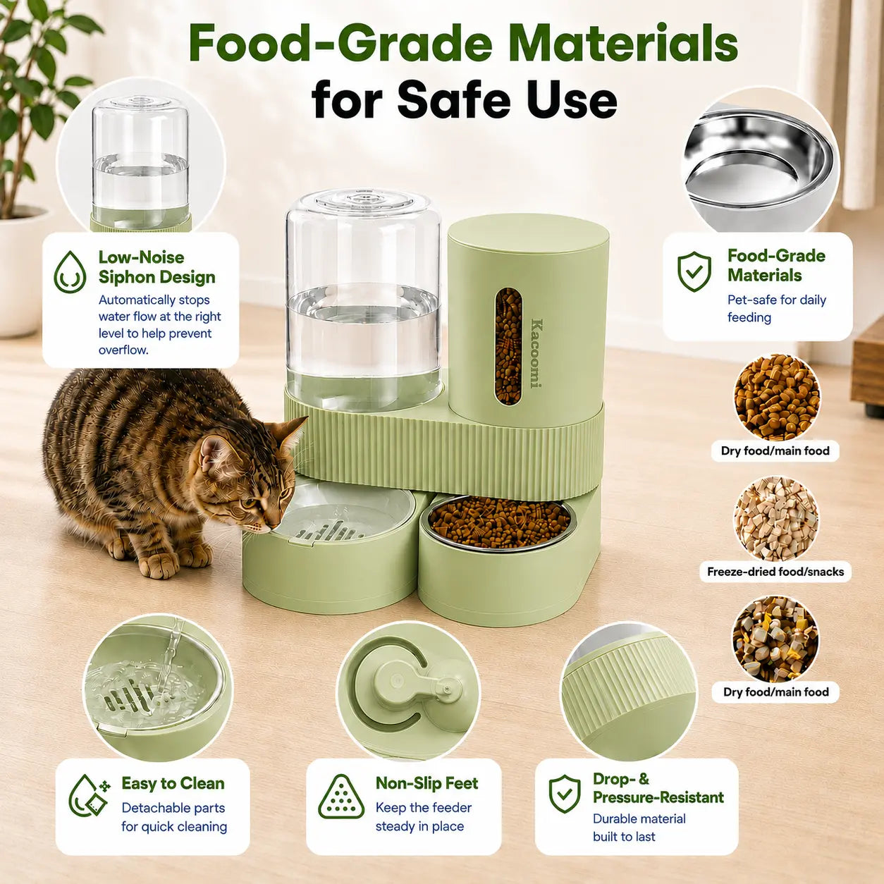 Kacoomi Dual-Pack Gravity Pet Feeders and Water Dispenser Set with Large-Capacity Stainless Steel Bowl for Small Dogs and Cats