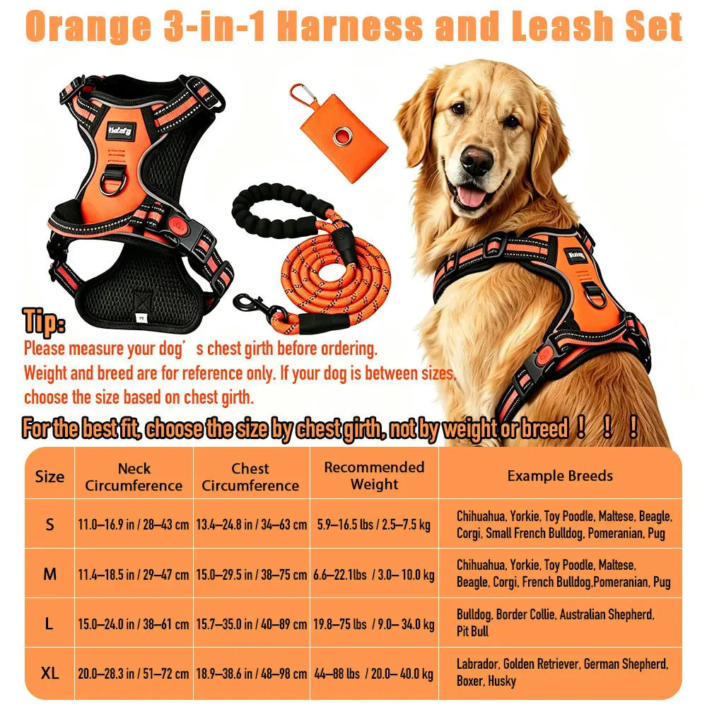 HELETY 3-in-1 Adjustable No-Pull Dog Vest Harness and Leash Set, Available in S-XL, Dual D-Ring Clips, 360° Reflective Design, Padded Chest for Comfort, Durable Oxford Fabric, Night Safety Features, Integrated Poop Bag Holder, Tangle-Free Bungee Strap for Running