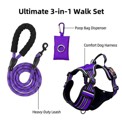 HELETY 3-in-1 Adjustable No-Pull Dog Vest Harness and Leash Set, Available in S-XL, Dual D-Ring Clips, 360° Reflective Design, Padded Chest for Comfort, Durable Oxford Fabric, Night Safety Features, Integrated Poop Bag Holder, Tangle-Free Bungee Strap for Running