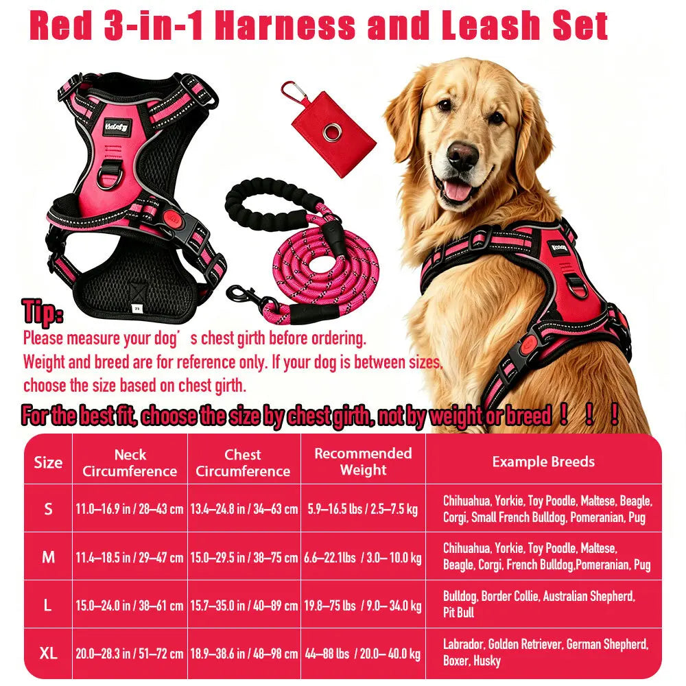 HELETY 3-in-1 Adjustable No-Pull Dog Vest Harness and Leash Set, Available in S-XL, Dual D-Ring Clips, 360° Reflective Design, Padded Chest for Comfort, Durable Oxford Fabric, Night Safety Features, Integrated Poop Bag Holder, Tangle-Free Bungee Strap for Running