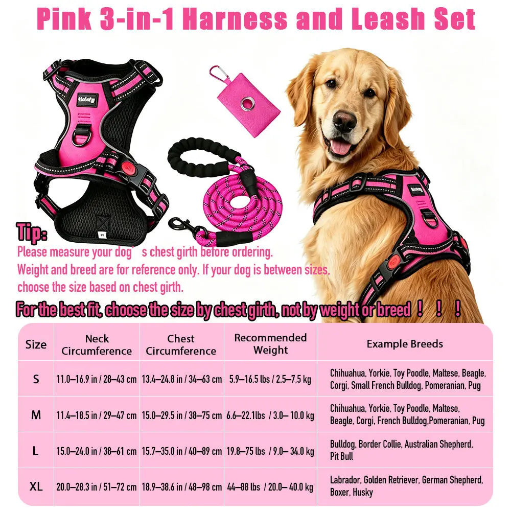 HELETY 3-in-1 Adjustable No-Pull Dog Vest Harness and Leash Set, Available in S-XL, Dual D-Ring Clips, 360° Reflective Design, Padded Chest for Comfort, Durable Oxford Fabric, Night Safety Features, Integrated Poop Bag Holder, Tangle-Free Bungee Strap for Running